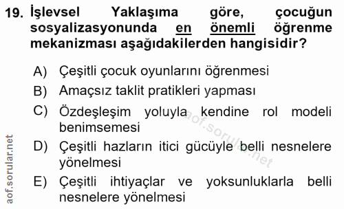 19. soru: İşlevsel Yaklaşıma göre, çocuğun sosyalizasyonunda en Önemli öğrenme mekanizması aşağıdakilerden hangisidir? A) Çeşit…