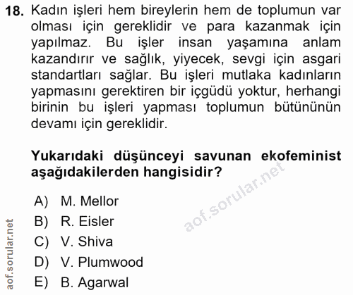 18. soru: Kadın işleri hem bireylerin hem de toplumun var olması için gereklıdir ve para kazanmak için yapılmaz. Bu işler insan…