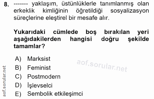 8. soru: -- yaklaşım, üstünlüklerle tanımlanmış olan erkeklik kimliğinin öğretildiği sosyalizasyon süreçlerine eleştirel bir m…