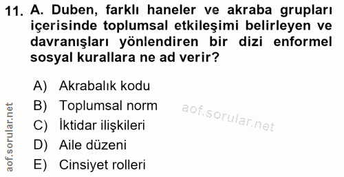 11. soru: A. Duben, farklı haneler ve akraba grupları içerisinde toplumsal etkileşimi belirleyen ve davranışları yönlendiren bi…