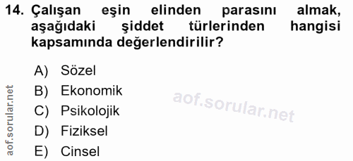 14. soru: Çalışan eşin elinden parasını almak, aşağıdaki şiddet türlerinden hangisi kapsamında değerlendirilir? A) Sözel B) Eko…