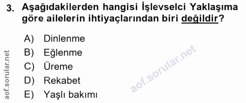 3. soru: Aşağıdakilerden hangisi İşlevselci Yaklaşıma göre ailelerin ihtiyaçlarından biri değildir? A) Dinlenme B) Eğlenme C)…