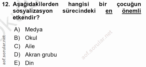 12. soru: Aşağıdakilerden hangisi bir çocuğun sosyalizasyon sürecindeki en önemli etkendir? A) Medya net B) Okul aor sorular. C…