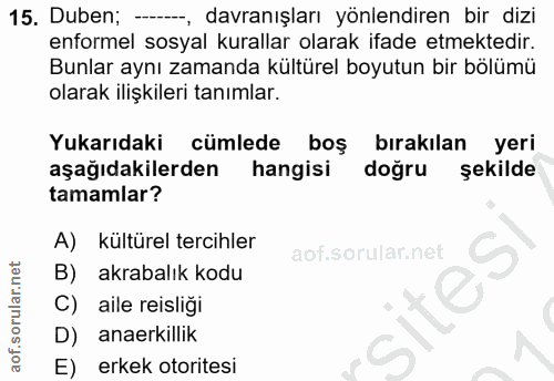 15. soru: Duben; --., davranışları yönlendiren bir dizi enformel sosyal kurallar olarak ifade etmektedir. Bunlar aynı zamanda k…