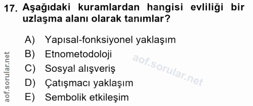 17. soru: Aşağıdaki kuramlardan hangisi evliliği bir uzlaşma alanı olarak tanımlar? A) Yapısal-fonksiyonel yaklaşım B) Etnometo…