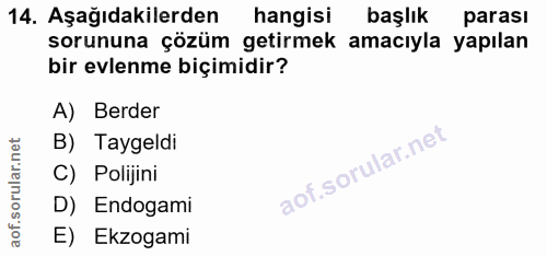 14. soru: Aşağıdakilerden hangisi başlık parası sorununa çözüm getirmek amacıyla yapılan bir evlenme biçimidir? A) Berder B) Ta…