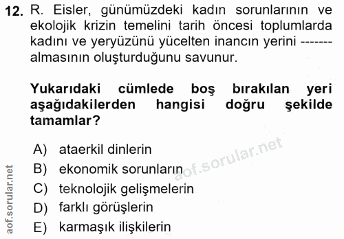 12. soru: R.Eisler, günümüzdeki kadın sorunlarının ve ekolojik krizin temelini tarih öncesi toplumlarda kadını ve yeryüzünü yüc…