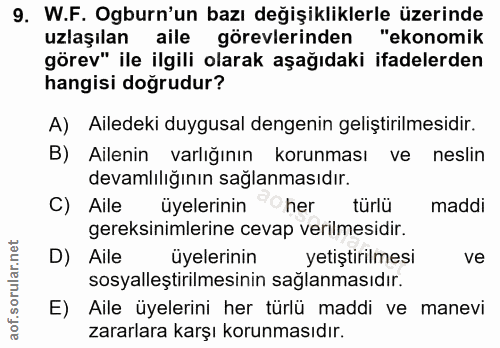9. soru: W.F. Ogburn'un bazı değişikliklerle üzerinde uzlaşılan aile görevlerinden "ekonomik görev" ile ilgili olarak aşağıdak…