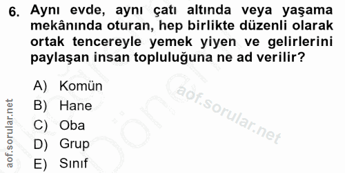 6. soru: Aynı evde, aynı çatı altında veya yaşama mekânında oturan, hep birlikte düzenli olarak ortak tencereyle yemek yiyen v…