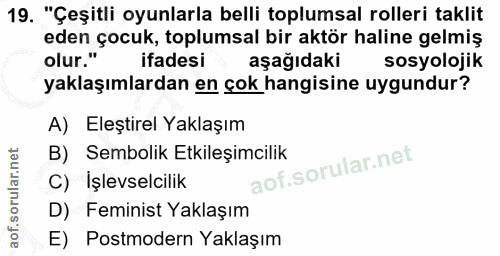 19. soru: "Çeşitli oyunlarla belli toplumsal rolleri taklit eden çocuk, toplumsal bir aktör haline gelmiş olur." ifadesi aşağıd…