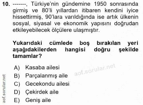10. soru: -, Türkiye'nin gündemine 1950 sonrasinda girmiş ve 80'li yıllardan itibaren kendini iyice hissettirmiş, 90'lara varıl…