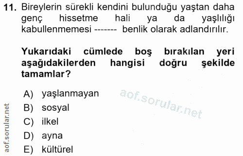 11. soru: Bireylerin sürekli kendini bulunduğu yaştan daha genç hissetme hali ya da yaşlılığı kabullenmemesi -- -- benlik olara…