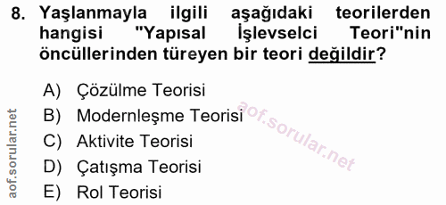 8. soru: Yaşlanmayla ilgili aşağıdaki teorilerden hangisi "Yapısal Işlevselci Teori"nin öncüllerinden türeyen bir teori değild…