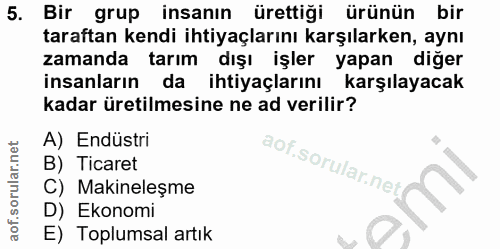 5. soru: Bir grup insanın ürettiği ürünün bir taraftan kendi ihtiyaçlarını karşılarken, aynı zamanda tarım dışı işler yapan di…