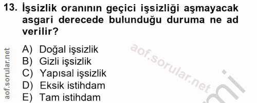 13. soru: İşsizlik oranının geçici işsizliği aşmayacak asgari derecede bulunduğu duruma ne ad verilir? A) Doğal işsizlik B) Giz…