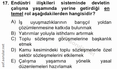 17. soru: Endüstri ilişkileri sisteminde devletin çalışma yaşamında yerine getirdiği en temel rol aşağıdakilerden hangisidir? A…