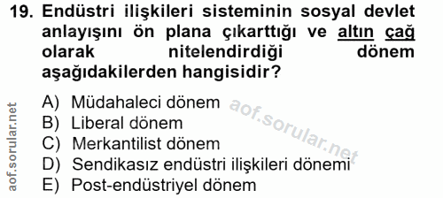 19. soru: Endüstri ilişkileri sisteminin sosyal devlet anlayışını ön plana çıkarttığı ve altın çağ olarak nitelendirdiği dönem…