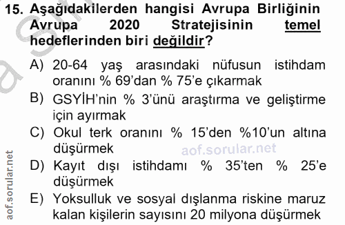 15. soru: Aşağıdakilerden hangisi Avrupa Birliğinin Avrupa 2020 Stratejisinin temel hedeflerinden biri değildir? A) 20-64 yaş a…