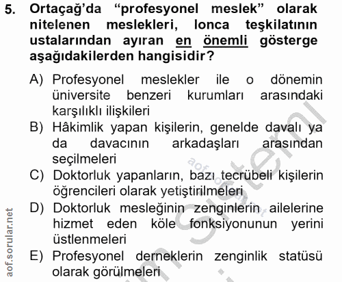 5. soru: Ortaçağ'da "profesyonel meslek" olarak nitelenen meslekleri, lonca teşkilatının ustalarından ayıran en önemli gösterg…