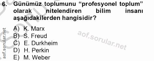 6. soru: Günümüz toplumunu "profesyonel toplum" olarak nitelendiren bilim insanı aşağıdakilerden hangisidir? A) K. Marx B) S.…