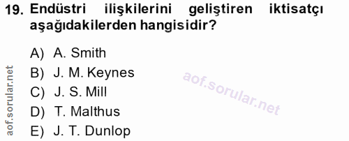 19. soru: Endüstri ilişkilerini geliştiren iktisatçı aşağıdakilerden hangisidir? A) A. Smith B) J. M. Keynes C) J. S. Mill D) T…