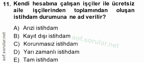 11. soru: Kendi hesabına çalışan işçiler ile ücretsiz aile işçilerinden toplamindan oluşan istihdam durumuna ne ad verilir? A)…