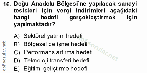 16. soru: Doğu Anadolu Bölgesi'ne yapılacak sanayi tesisleri için vergi indirimleri aşağıdaki hangi hedefi gerçekleştirmek için…