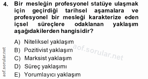 4. soru: Bir mesleğin profesyonel statüye ulaşmak için geçirdiği tarihsel aşamalara ve profesyonel bir mesleği karakterize ede…