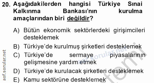 20. soru: Aşağıdakilerden hangisi Türkiye Sınai Kalkınma Bankası'nın kurulma amaçlarından biri değildir? A) Bütün ekonomik sekt…