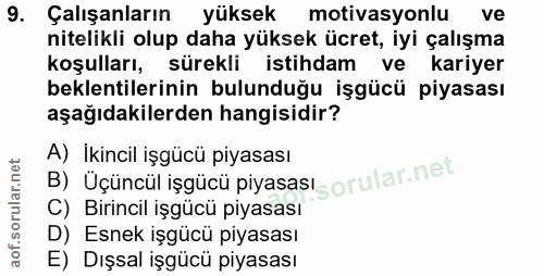 9. soru: Çalışanların yüksek motivasyonlu ve nitelikli olup daha yüksek ücret, iyi çalışma Koşulları, sürekli istihdam ve kari…