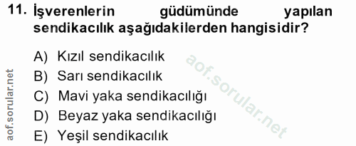 11. soru: İşverenlerin güdümünde yapılan sendikacılık aşağıdakilerden hangisidir? A) Kızıl sendikacılık B) Sarı sendikacılık C)…
