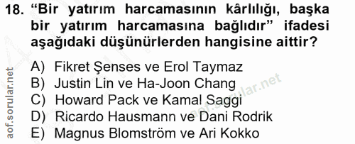 18. soru: "Bir yatırım harcamasının kârlılığı, başka bir yatırım harcamasına bağlıdır" ifadesi aşağıdaki düşünürlerden hangisin…