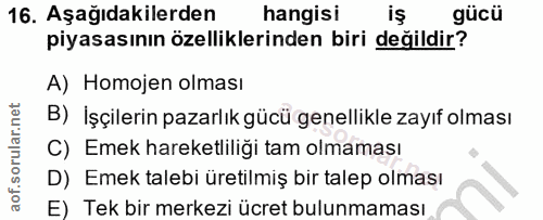 16. soru: Aşağıdakilerden hangisi piyasasının özelliklerinden biri değildir? A) Homojen olması B) İşçilerin pazarlık gücü genel…