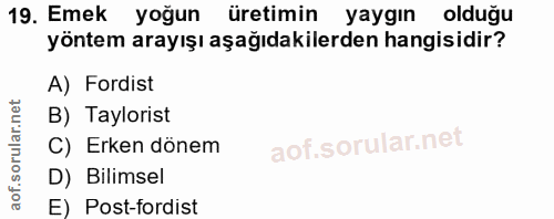 19. soru: Emek yoğun üretimin yaygın olduğu yöntem arayışı aşağıdakilerden hangisidir? A) Fordist B) Taylorist C) Erken dönem D…