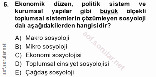 5. soru: Ekonomik düzen, politik sistem ve kurumsal yapılar gibi büyük ölçekli toplumsal sistemlerin çözümleyen sosyoloji dalı…