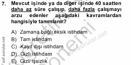 7. soru: Mevcut işinde ya da diğer işinde 40 saatten daha az süre çalışıp, daha fazla çalışmayı arzu edenler aşağıdaki kavraml…