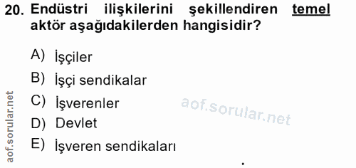 20. soru: Endüstri ilişkilerini şekillendiren temel aktör aşağıdakilerden hangisidir? A) İşçiler B) İşçi sendikalar C) İşverenl…