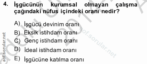 4. soru: İşgücünün kurumsal olmayan çalışma çağındaki nüfus içindeki oranı nedir? A), İşgücü devinim oranı B) Eksik istihdam o…