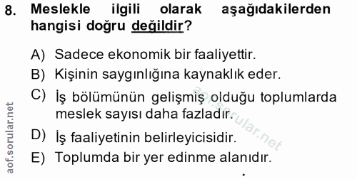 8. soru: Meslekle ilgili olarak aşağıdakilerden hangisi doğru değildir? A) Sadece ekonomik bir faaliyettir. B) Kişinin saygınl…