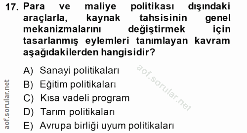 17. soru: Para ve maliye politikası dışındaki araçlarla, kaynak tahsisinin genel mekanizmalarını değiştirmek için tasarlanmış e…