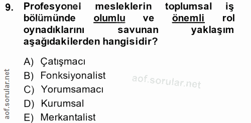 9. soru: Profesyonel mesleklerin toplumsal is bölümünde olumlu ve önemli rol oynadıklarını savunan yaklaşım aşağıdakilerden ha…