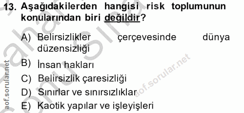 13. soru: Aşağıdakilerden hangisi risk toplumunun konularından biri değildir? A) Belirsizlikler çerçevesinde dünya düzensizliği…