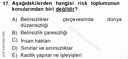 17. soru: Aşağıdakilerden hangisi risk toplumunun konularından biri değildir? A) Belirsizlikler çerçevesinde dünya düzensizliği…
