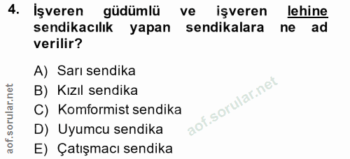 4. soru: İşveren güdümlü ve işveren lehine sendikacılık yapan sendikalara ne ad verilir? A) Sarı sendika B) Kızıl sendika C) K…