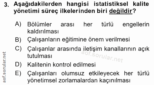 3. soru: Aşağıdakilerden hangisi istatistiksel kalite yönetimi süreç ilkelerinden biri değildir? A) Bölümler arası her türlü e…