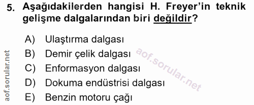 5. soru: Aşağıdakilerden hangisi H. Freyer'in teknik gelişme dalgalarından biri değildir? A) Ulaştırma dalgası B) Demir çelik…