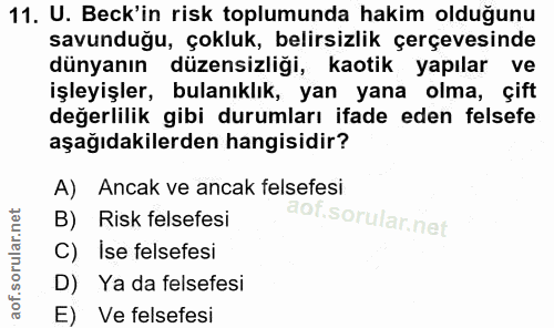 11. soru: U. Beck'in risk toplumunda hakim olduğunu savunduğu, çokluk, belirsizlik çerçevesinde dünyanın düzensizliği, kaotik y…