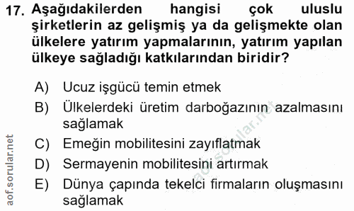 17. soru: Aşağıdakilerden hangisi çok uluslu şirketlerin az gelişmiş ya da gelişmekte olan ülkelere yatırım yapmalarının, yatır…