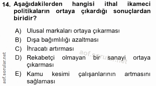 14. soru: Aşağıdakilerden hangisi ithal ikameci politikaların ortaya çıkardığı sonuçlardan biridir? A) Ulusal markaları ortaya…