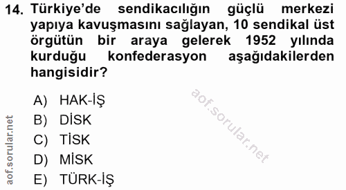 14. soru: Türkiye'de sendikacılığın güçlü merkezi yapıya kavuşmasını sağlayan, 10 sendikal üst örgütün bir araya gelerek 1952 y…